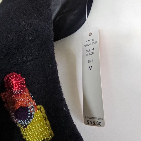 Sara Isabella Black Open Wool Jacket Sz M Colorful Embroidered Artsy Teacher - Picture 11 of 11